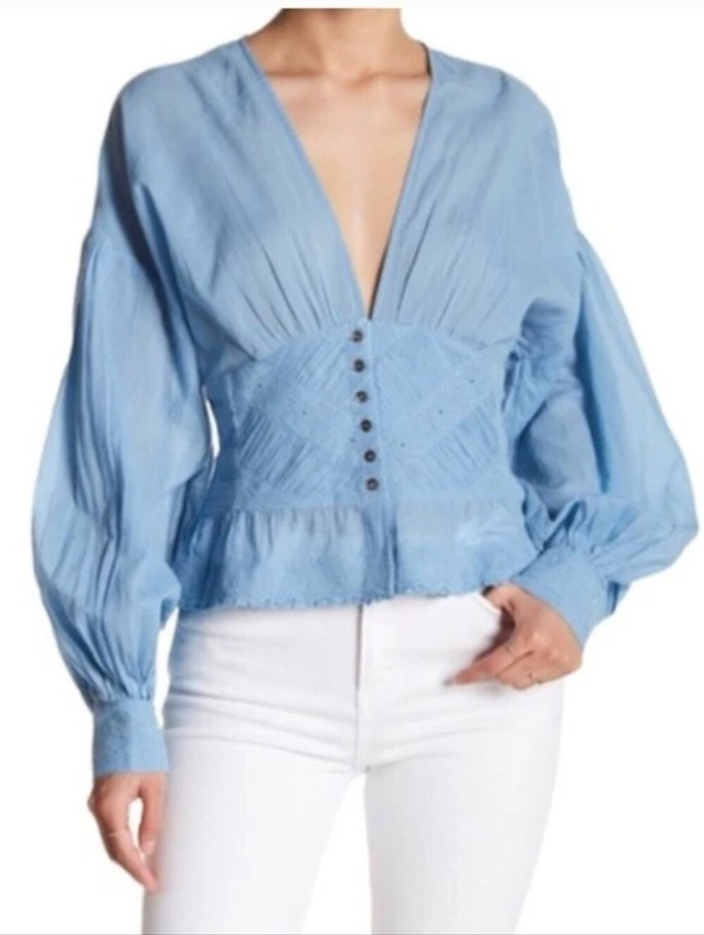 Free People True Color Lace Bubble Sleeve Blouse Top
